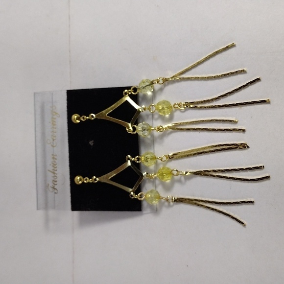 Gold-Tone Chandelier Drop Earrings – 3" Yellow Beaded Fringe Statement Jewelry - Picture 3 of 8